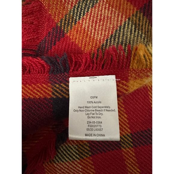 OSFM Acrylic Plaid Fringe Blanket Scarf Red Blue Yellow Orange - Picture 4 of 5